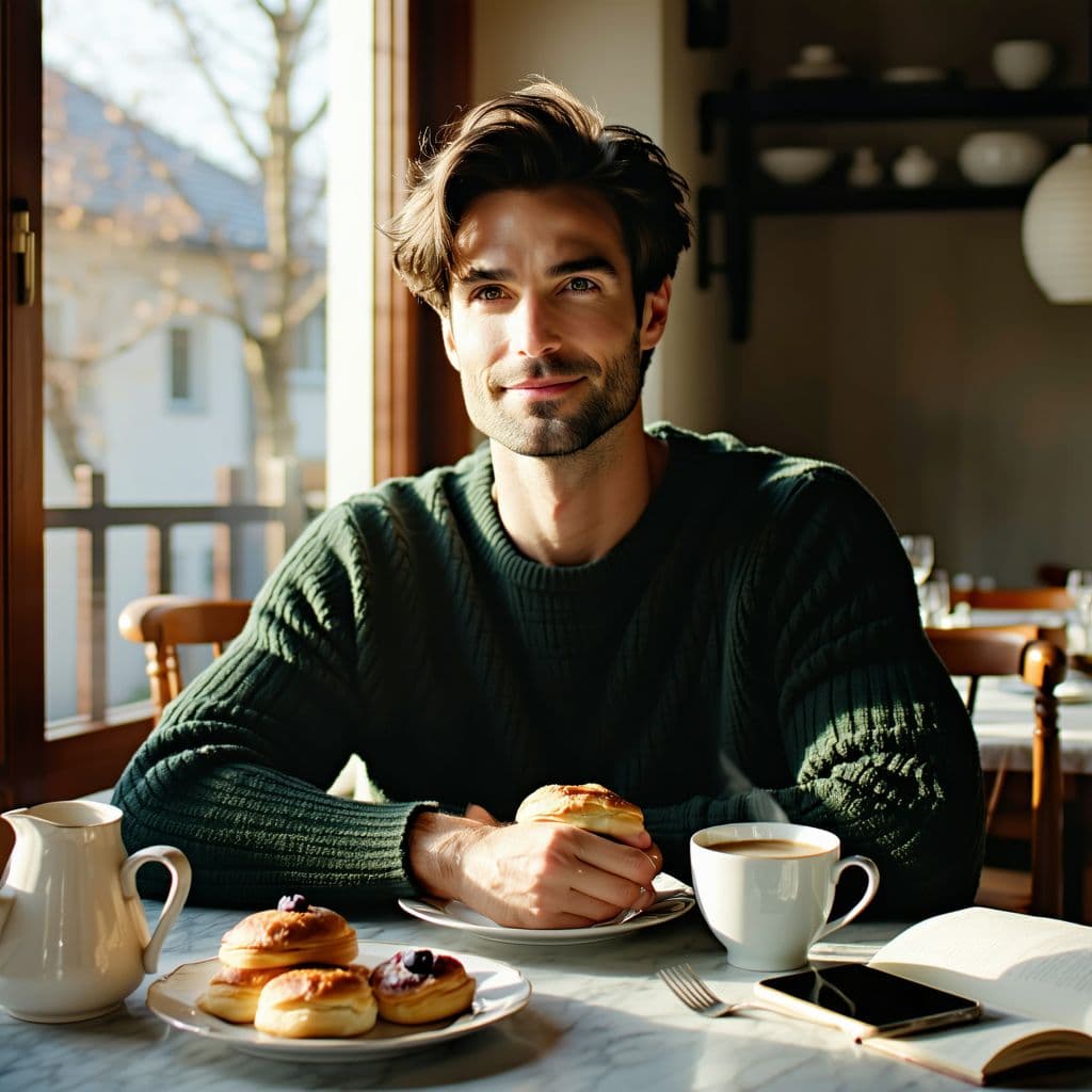 AI generated: Portrait of a mid-30s man enjoying breakfast at a cozy dining table, cinematic, photorealistic, shor...
