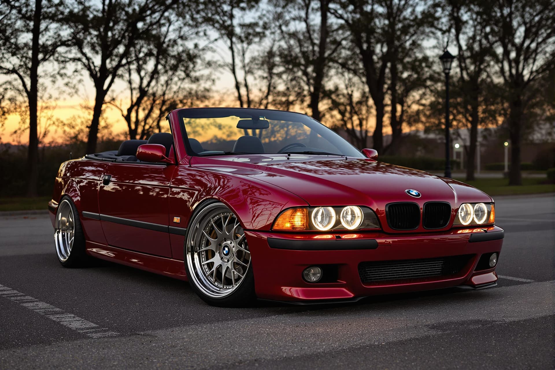 AI generated: dark red bmw e39 M5 convertible with BBS LM wheels, lit angel eyes, cinematic, hyper realism, high d...