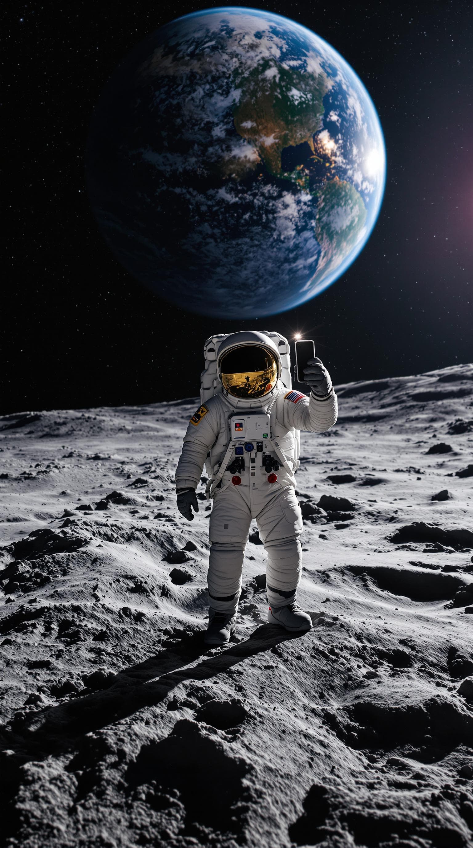 AI generated: astronaut taking a epic selfie with iphone 16 on the moon, in the distance you can see the earth in ...