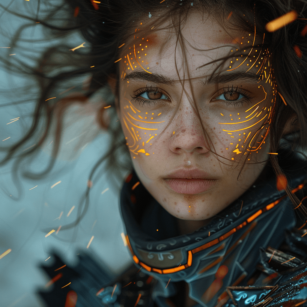AI generated: Cyberpunk fallen angel in fire, facing the camera
