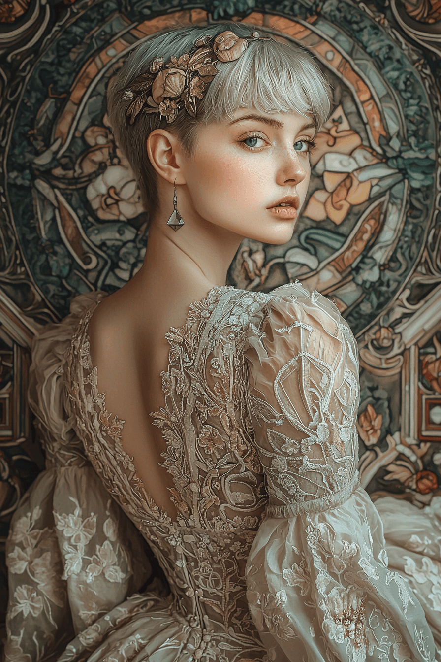 AI generated: A captivating portrait of a woman with short silver hair, in the style of Annie Leibovitz and Alphon...
