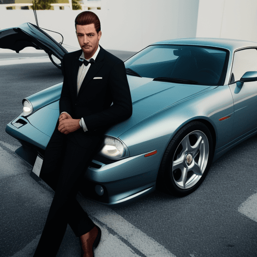 AI generated: A man in a cool suit taking photos with his car, ultra realistic , portre , 4k , colored ,miami