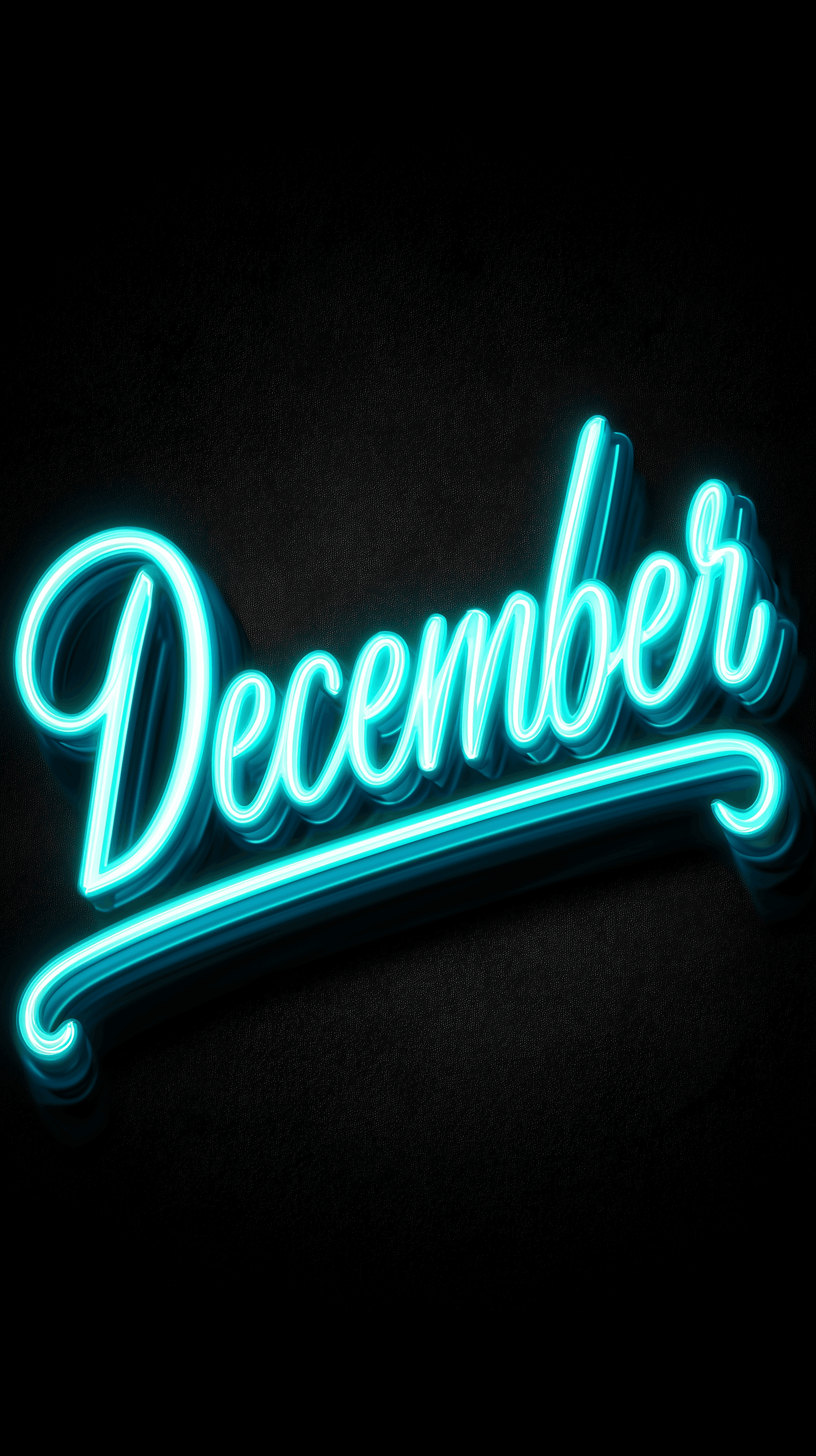 AI generated: word "December" in a glowing neon cursive font, black background, simple cool color, features glowin...