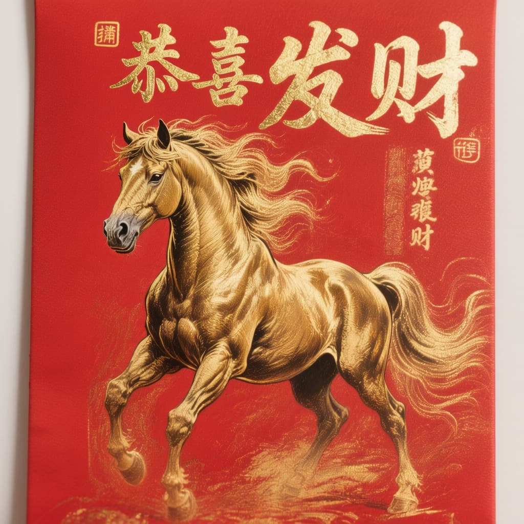 AI generated: A red envelope cover with the words " 恭喜发财" written in gold foil, featuring an illustration of golde...