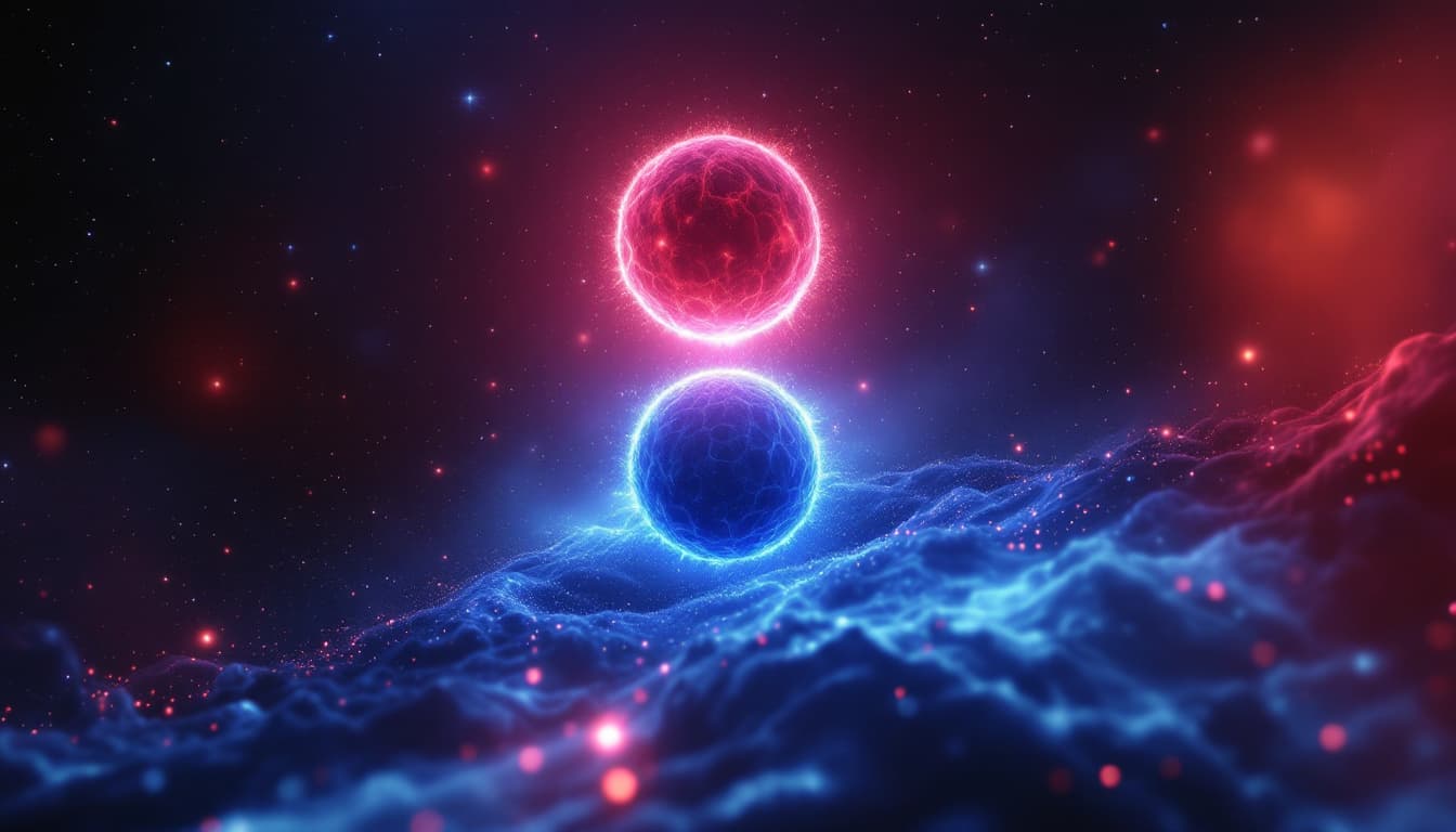 AI generated: Wide Shot : A cosmic void with distant stars. A blue rippled sphere below, a red molten sphere above...