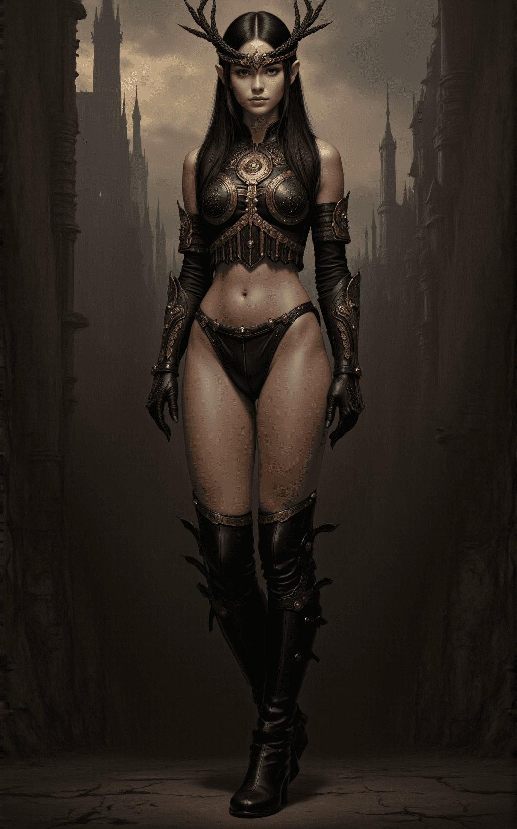 AI generated: A commanding young female stands centered, her obsidian hair worn long and glossy, half bound in an ...