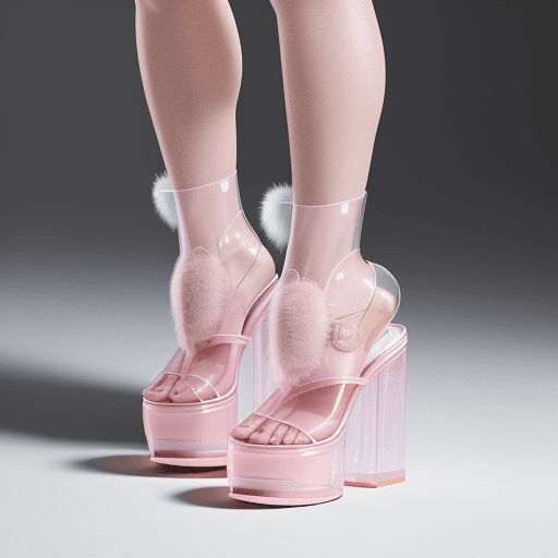 AI generated: Fashion shoot, Jacquemus and Miu miu collaboration: light pink translucent fur platform sandals, hyp...
