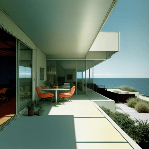 AI generated: Hyper realistic eye level exterior photo of a mid century modern style house overlooking the ocean, ...