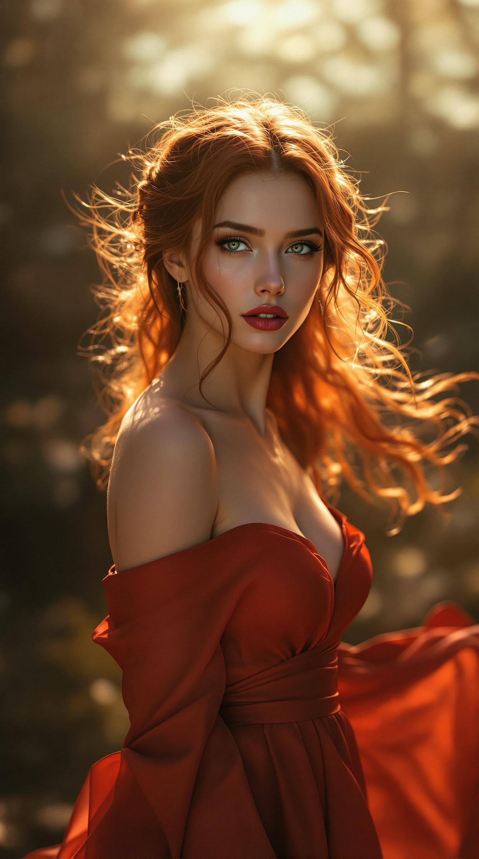 AI generated: “Professional fine art photography full body vertical portrait, cinematic style, warm golden hour li...