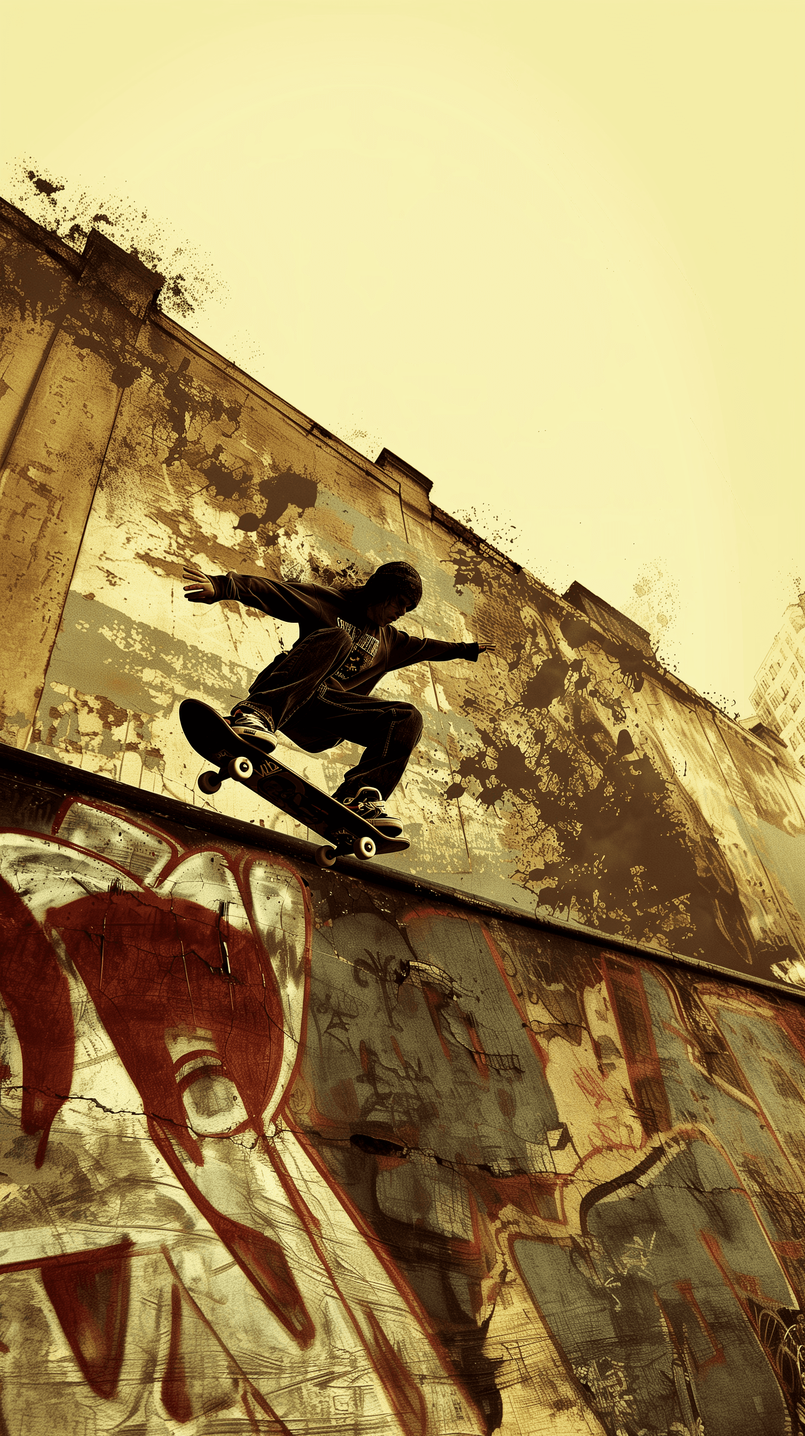 AI generated: skateboarder on wall, in the style of holotone printing, poolcore, candid celebrity shots, symmetric...