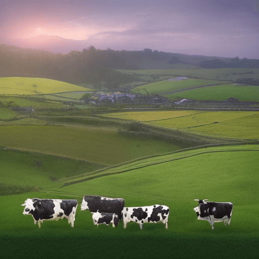 AI generated: Generate a realistic image with a foggy landscape, envision a picturesque dairy farm nestled in the ...