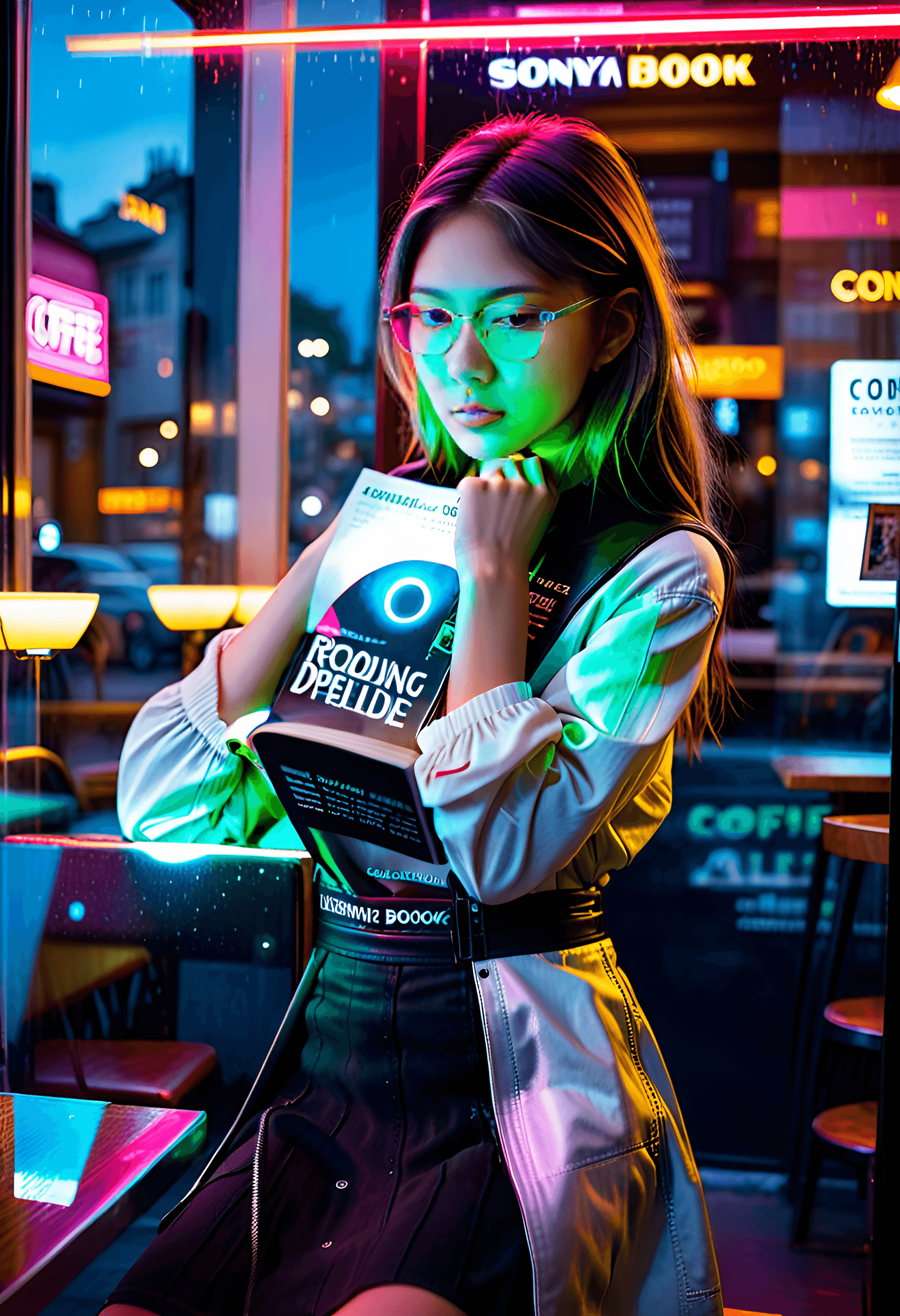 AI generated: street photo of a beautiful girl sitting at a table in a coffee shop by the window reading a book, p...