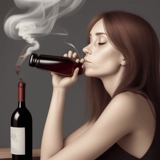 AI generated: beatiful and very tired woman looking pile smoking a winebottle