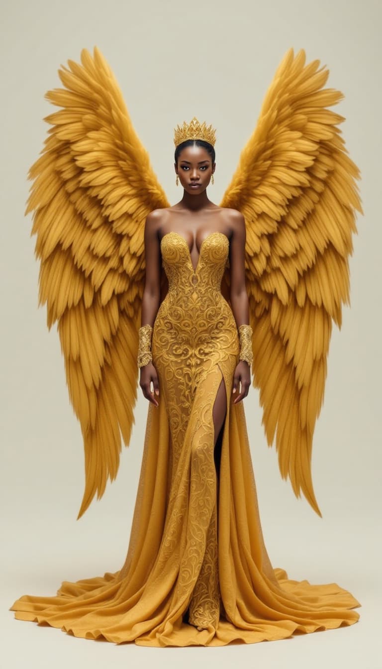 AI generated: A woman adorned in a golden, intricately designed gown that cascades down to the ground. She is also...