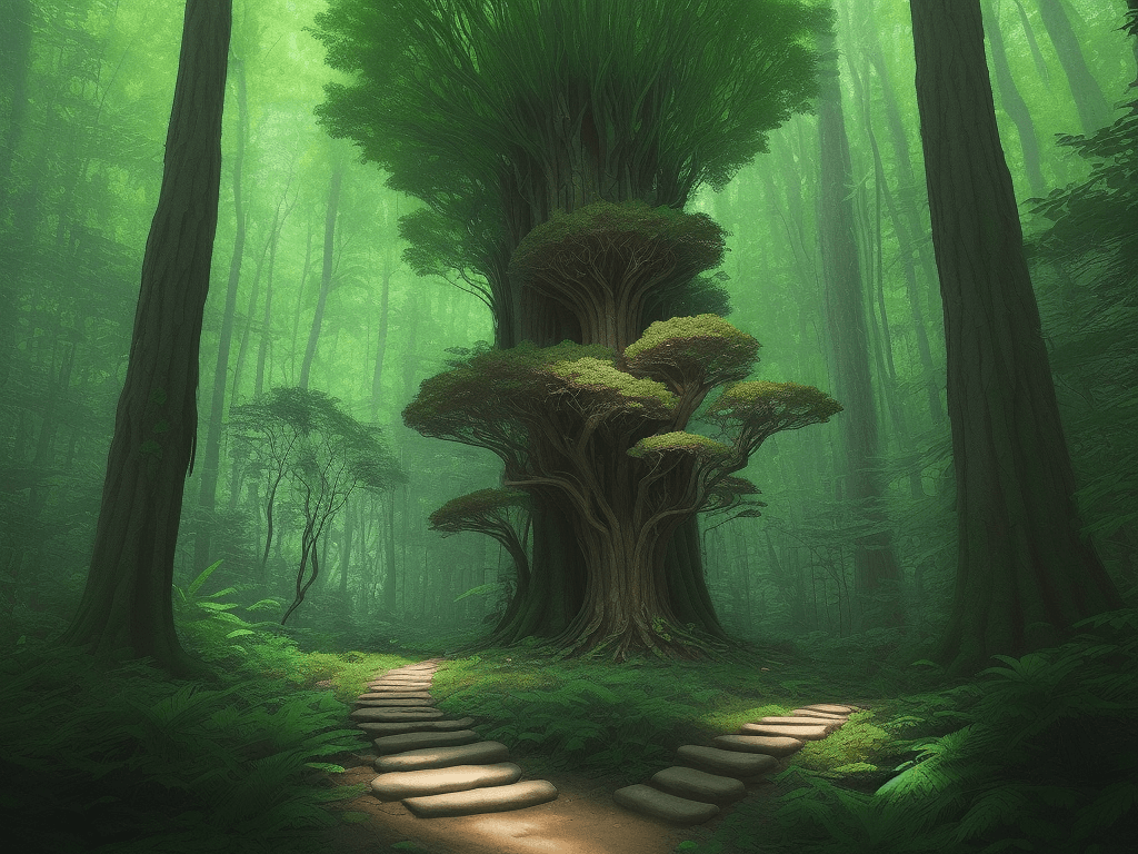 AI generated: anishinaabe woodlands forrestscape, path, walkway, hidden in the forrest, forrestpunk, lush vegetati...