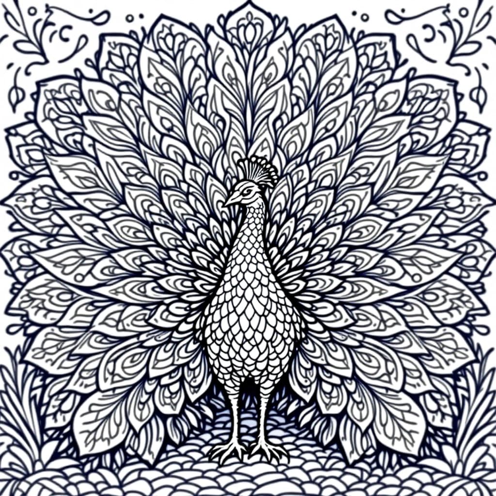 AI generated: Coloring book page,	A detailed peacock with fully spread feathers