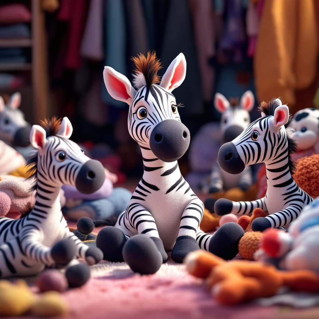 AI generated: (Pixar studio style)+++, (Zeebie the zebra)+, stuffed animal, playing with other stuffed animal zebr...