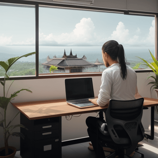 AI generated: photo of a realistic co-working space , a digital nomad is seated on a dedicated desk and is working...