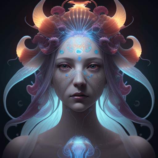 AI generated: Goddess close-up portrait ribcagel. jellyfish phoenix head, nautilus, orchid, skull, betta fish, bio...