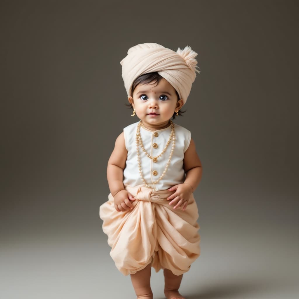 AI generated: a cute baby in haryanvi dress including dhoti kurta and pagdi 
