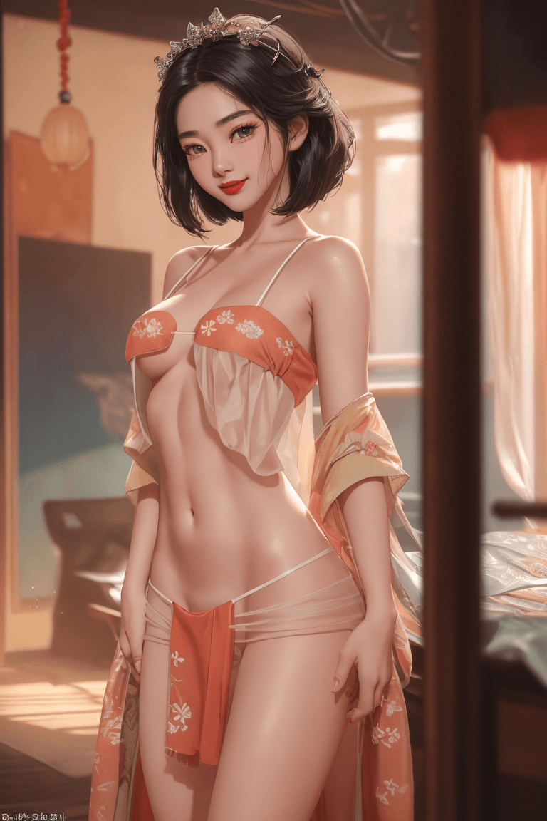 AI generated: 1 girl, beautiful Korean girl, (Cute Loose Bob hair), (<lora:sexy Hanfu (91):0.8>), (red lips:1. 3),...