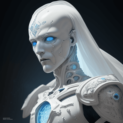 AI generated: humanoid android, covered in white porcelain skin, blue eyes, white wispy ghost wearing ornate armou...
