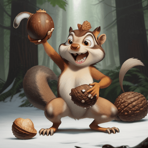AI generated: Scrat, full body the lovable saber-toothed squirrel from Ice Age, caught in a comical struggle with ...