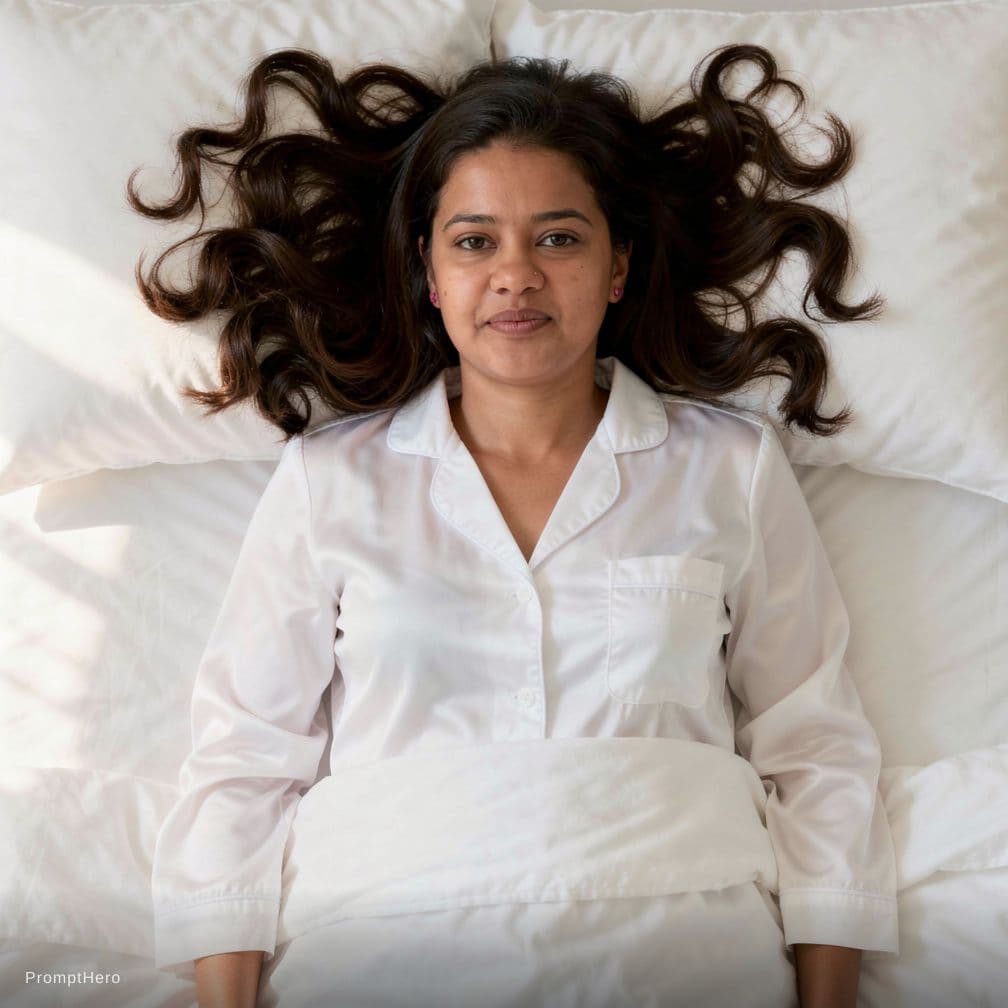 AI generated: Create a high-resolution photograph of a fit adult woman lying on her back in a bed covered with pri...