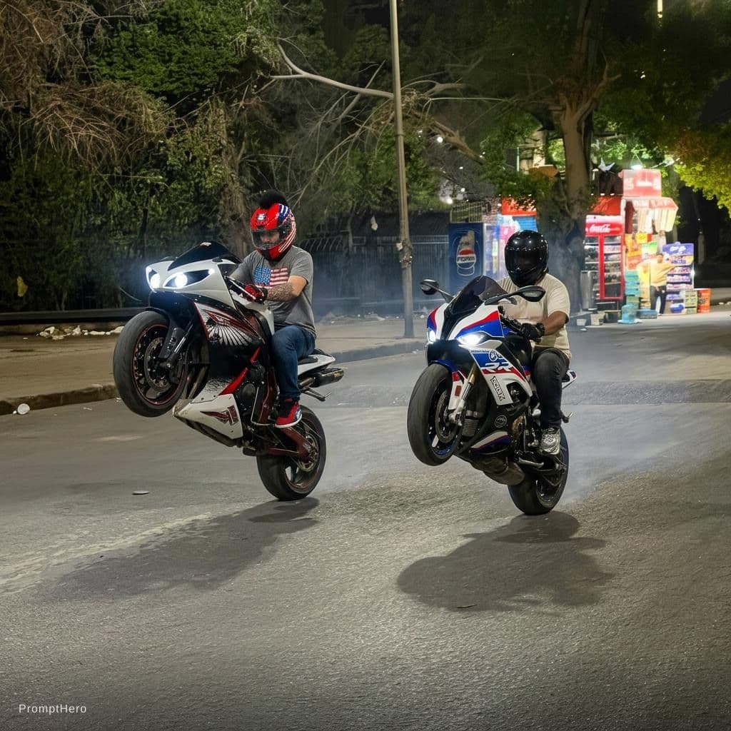 AI generated: Wheelie the two bikers in the uploaded street and make it as real