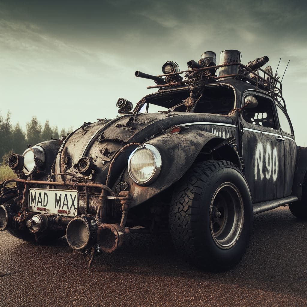 AI generated: A VW beetle, Mad max style in wasteland