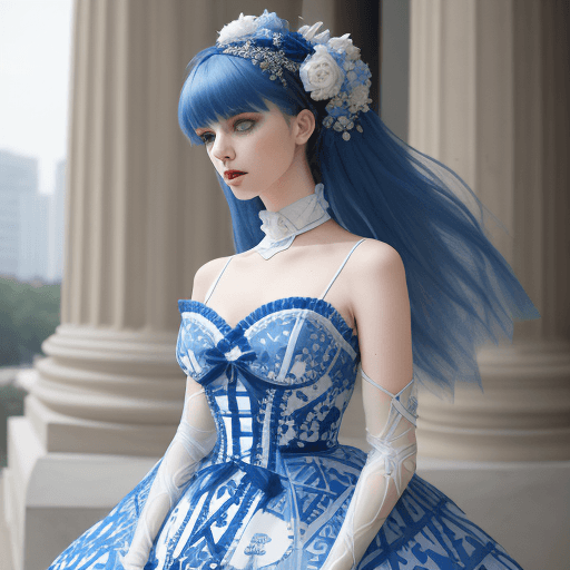 AI generated: woman dressed in a dress with blue and white prints, in the style of delicate details, oshare kei, b...