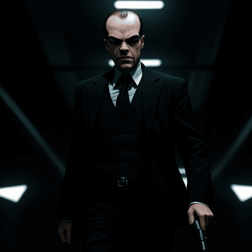 AI generated:  Agent Smith from the Matrix looking menacing, dark lighting, 8k