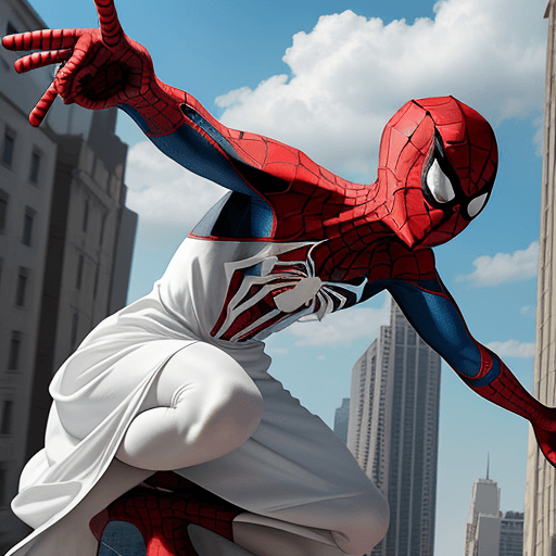 AI generated: spider man, white dress, jumping truck