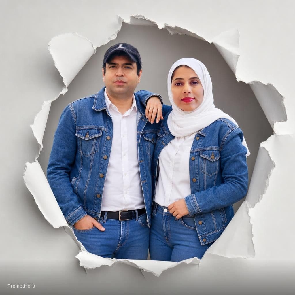 AI generated: Two Moroccan couple portraits, half-body view, emerging from realistic torn paper holes on a light g...