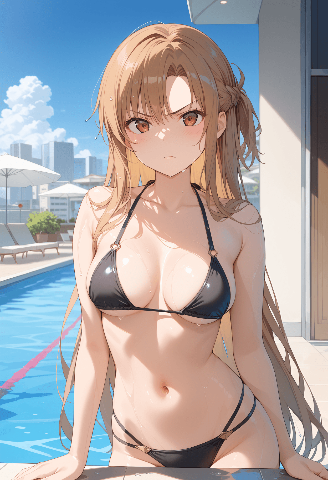 AI generated: pool,string bikini,black bikini,
<lora:asunaSAO:1>brown hair, brown eyes. long hair, braid