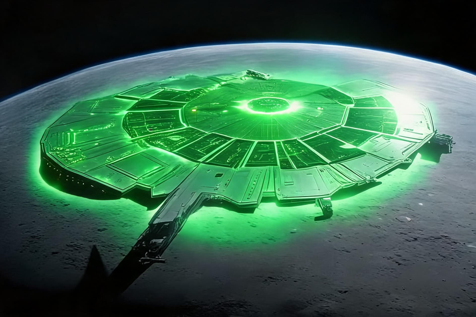 AI generated: Show the base from reference image 1, emanating in a green glow. As if infected by reference image 2...