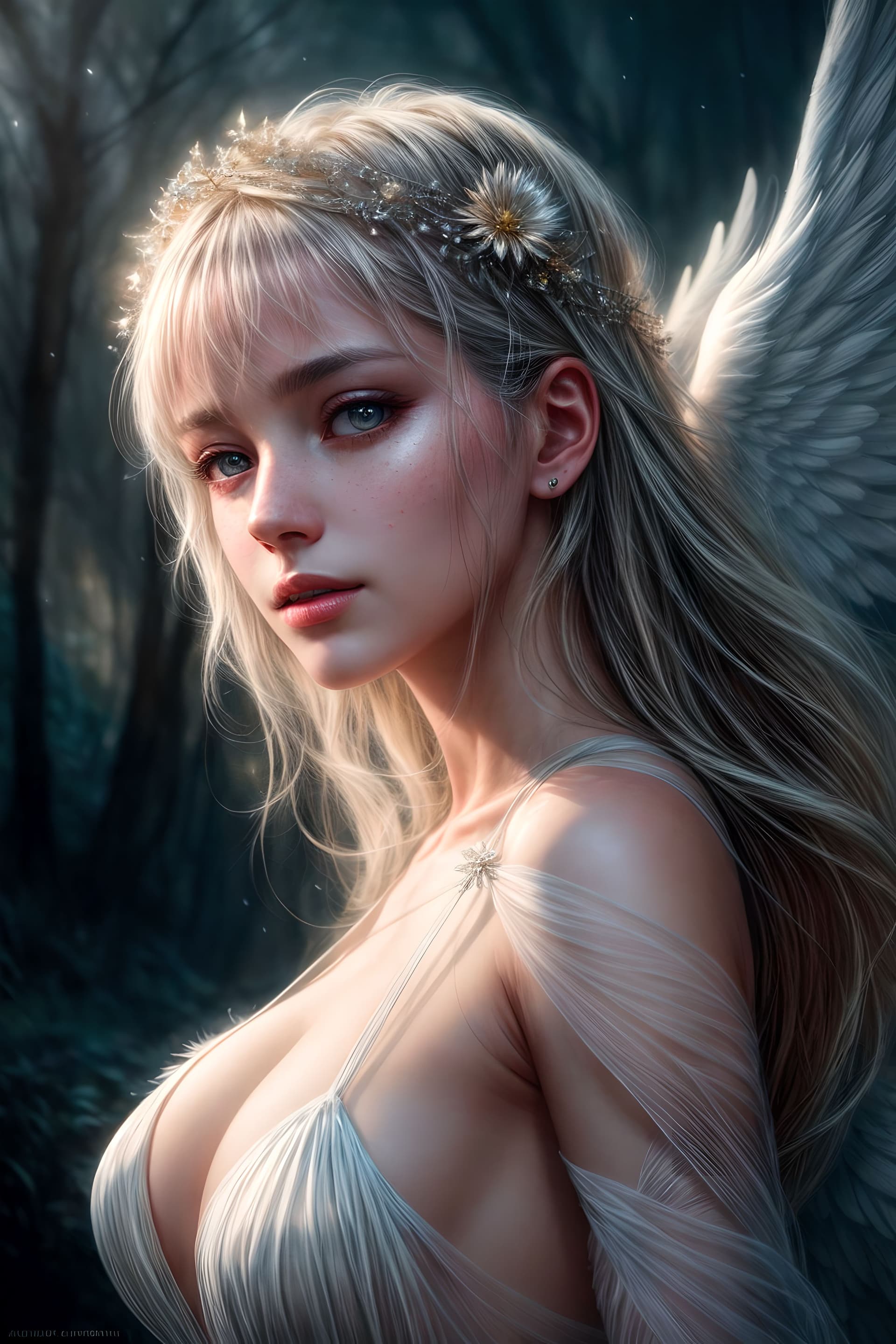 AI generated: Angel Girl, Big White Wings, Ethereal Beauty, Soft Pastel Colors, light from the sky, Long Exposure,...