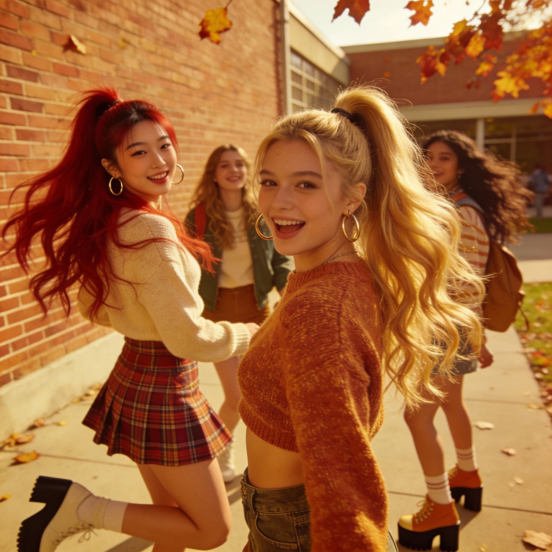 AI generated: Sexy 70s coeds long hair redhead Asian blond students