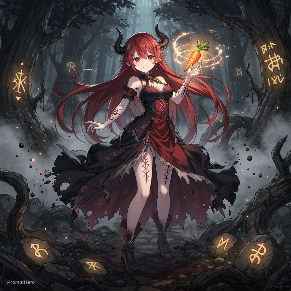 AI generated: chthonic anime girl, dark fantasy, cute yet eerie, long red hair, glowing eyes, pale skin, holding a...