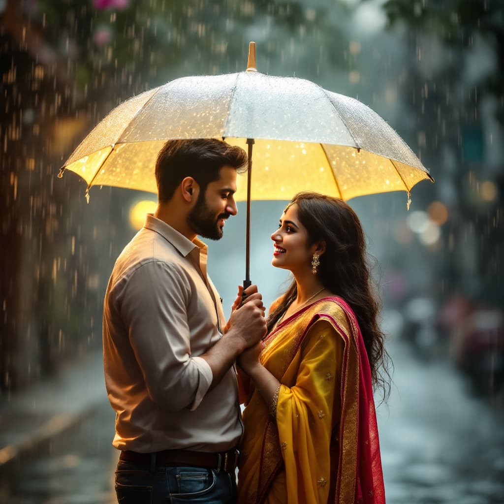 AI generated: "An Indian couple standing in the rain, sharing an umbrella. The man is clean-shaven, with short, ne...