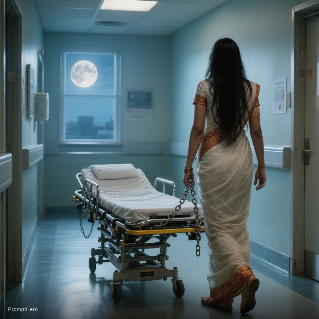AI generated: Back view of Indian nurse in white saree, long black open hair, standing in hospital corridor, feet ...