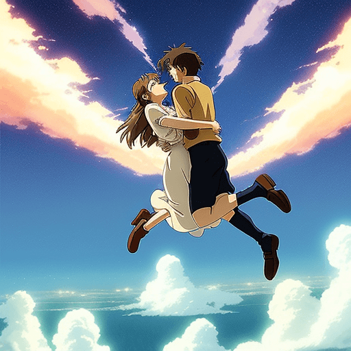 AI generated: make a picture of a couple falling in the sky. Background with clouds and lights. Use a ghibli style...