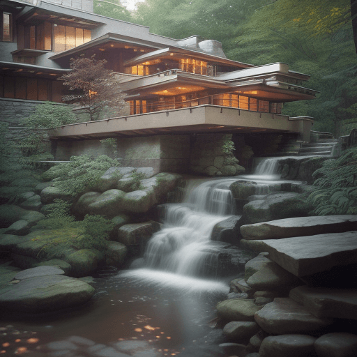 AI generated: High-resolution photography exterior design, with dreamy waterfall, wooden floor, small windows open...