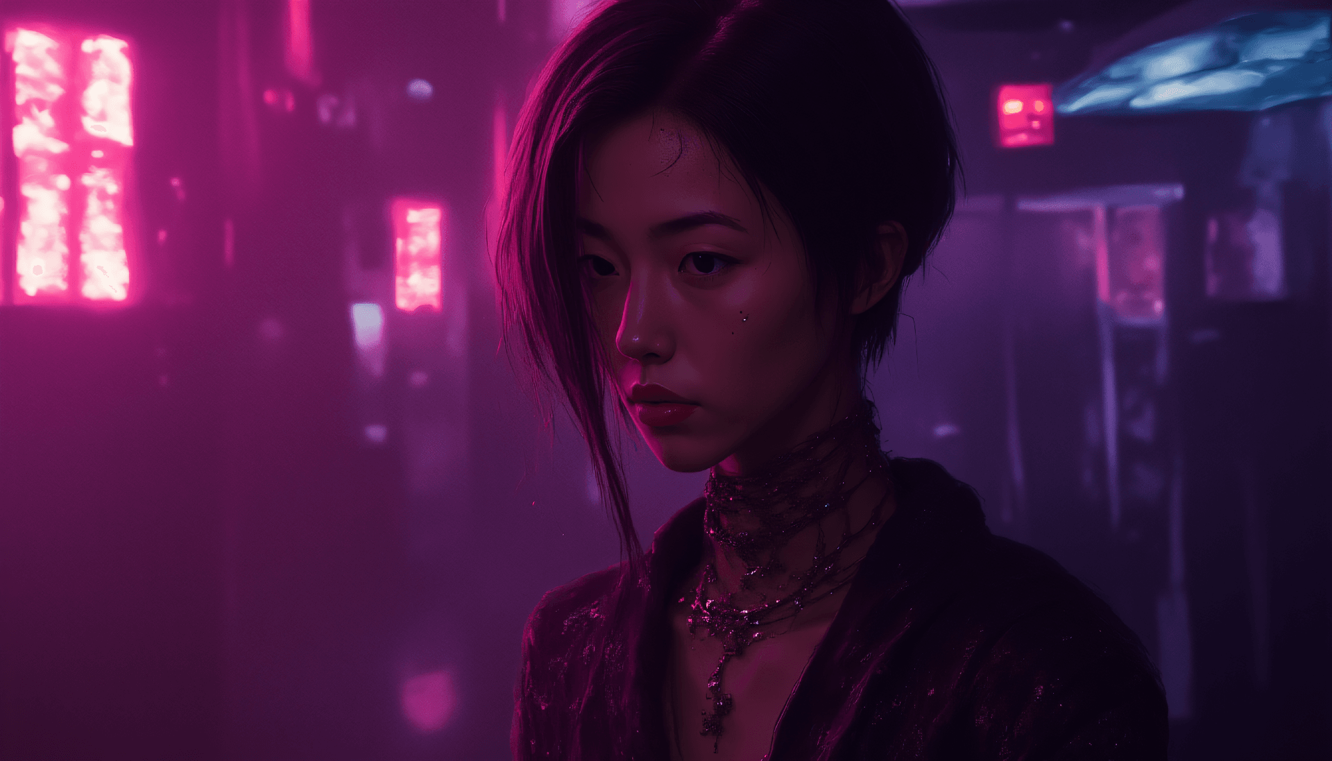 AI generated: A digital portrait of a woman in a cyberpunk urban nightscape. The lighting features strong pink and...