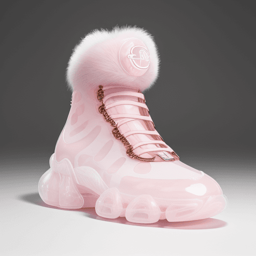 AI generated: Fashion shoot, Jacquemus and moncler collaboration: light pink translucent fur sneakers, hyper-reali...