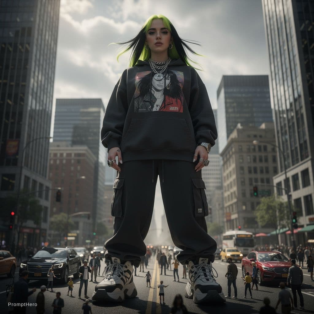 AI generated: Giantess, Billie Eilish, low angle, nipples