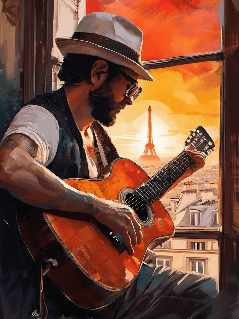 AI generated: illustration of a 40yo man wearing glasses and a hat, playing a guitar in a paris house, sunset ligh...