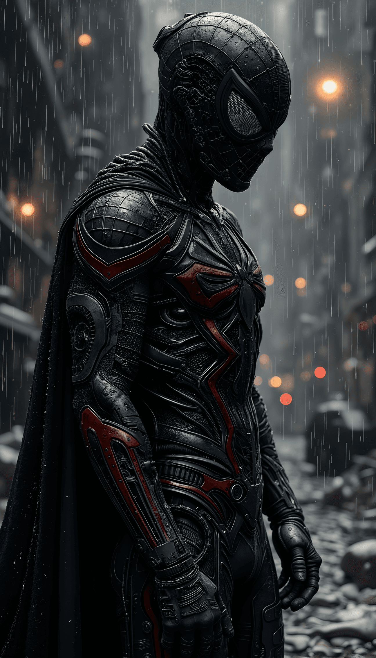AI generated: spiderman, sharp focus, ferrofluid suit, Gotham City. Phase One XT IQ4 150MP, low exposure, high con...