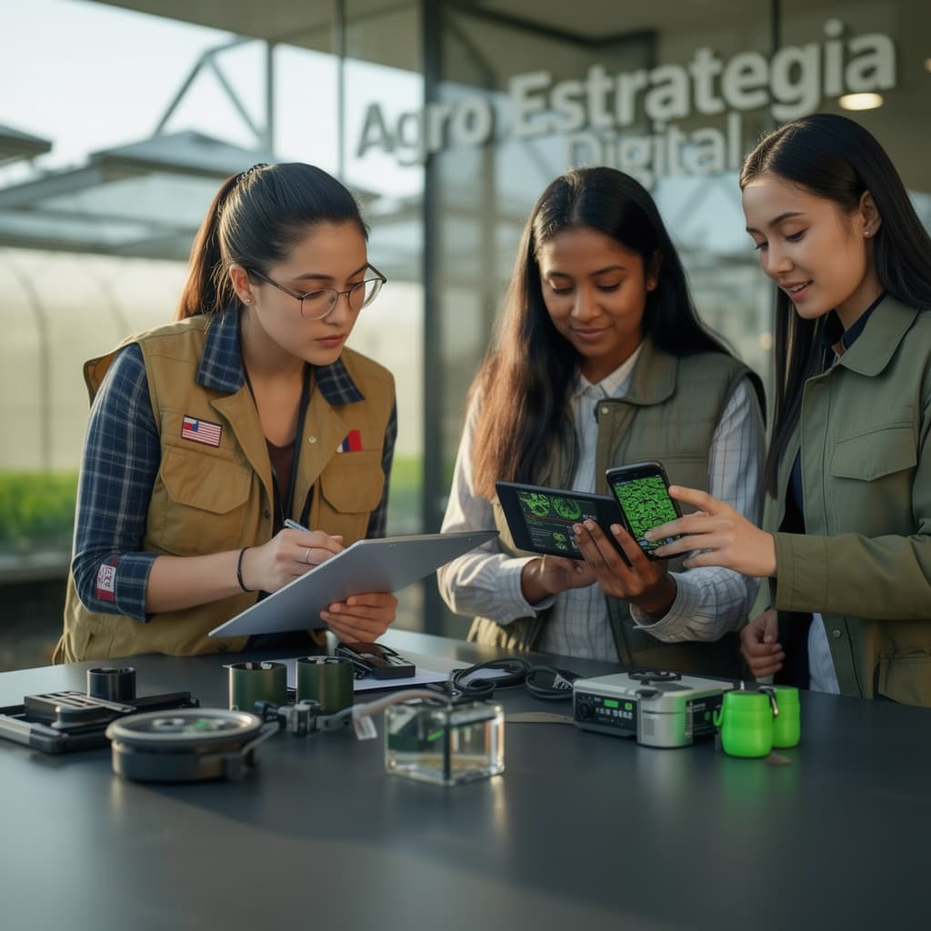 AI generated: "Professional commercial photograph: Three female Agricultural Engineers in their late 20s from diff...