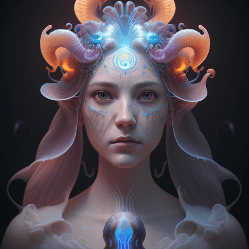 AI generated: Goddess close-up portrait ribcagel. jellyfish phoenix head, nautilus, orchid, skull, betta fish, bio...